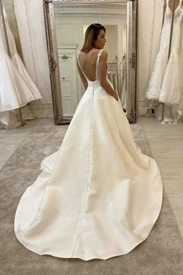 Ivory Satin A Line Lace Top Backless Wedding Dresses, Cheap Bridal Gowns, PW312 | lace wedding dresses | bridal outfits | wedding dresses online | promnova.com