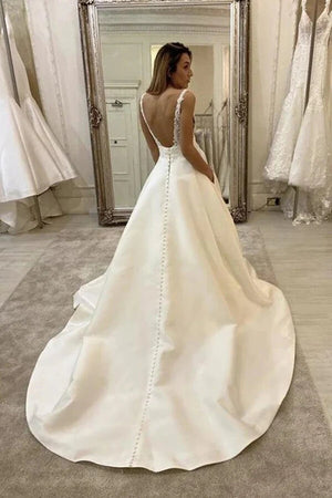 Ivory Satin A Line Lace Top Backless Wedding Dresses, Cheap Bridal Gowns, PW312 | lace wedding dresses | bridal outfits | wedding dresses online | promnova.com