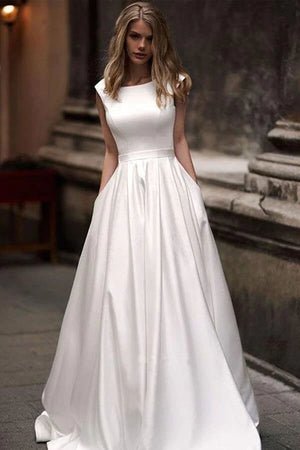 Ivory Satin A Line Princess Wedding Dresses With Pockets, Bridal Gown, PW285 | simple wedding dress | satin wedding dresses | cheap wedding dresses | promnova.com