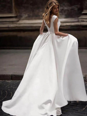 Ivory Satin A Line Princess Wedding Dresses With Pockets, Bridal Gown, PW285 | wedding dresses online | wedding gowns | wedding dresses stores | promnova.com
