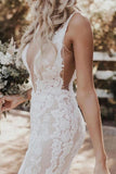 Ivory Sheath Deep V Neck Floor Length Wedding Dress, Lace Wedding Gowns, PW328 | wedding dress styles | summer wedding dress  | beach wedding dress | promnova.com