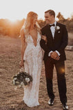 Ivory Sheath Deep V Neck Floor Length Wedding Dress, Lace Wedding Gowns, PW328