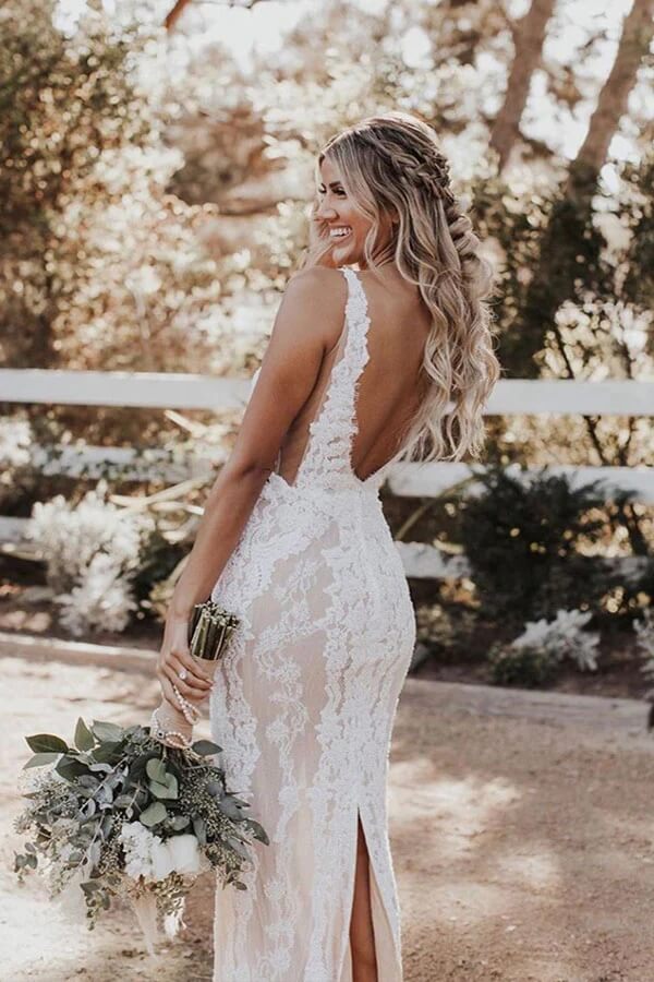 Ivory Sheath Deep V Neck Floor Length Wedding Dress, Lace Wedding Gowns, PW328 | boho wedding dress | bridal dresses | sexy wedding dress | promnova.com