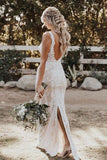 Ivory Sheath Deep V Neck Floor Length Wedding Dress, Lace Wedding Gowns, PW328 | cheap lace wedding dress | floor length wedding dresses | wedding dresses online | promnova.com