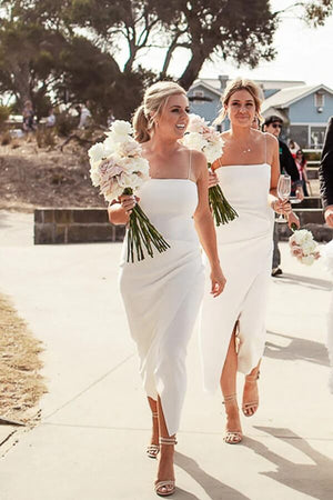 Ivory Sheath Spaghetti Straps Short Bridesmaid Dresses, Wedding Party Dress, PB172 | tea length bridesmaid dresses | bridesmaid dresses online | budget bridesmaid dresses | promnova.com