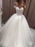 Ivory Tulle A Line Off Shoulder Beaded Wedding Dresses, Bridal Gowns, PW289 | vintage wedding dresses | bohemain wedding dresses | wedding gowns | promnova.com