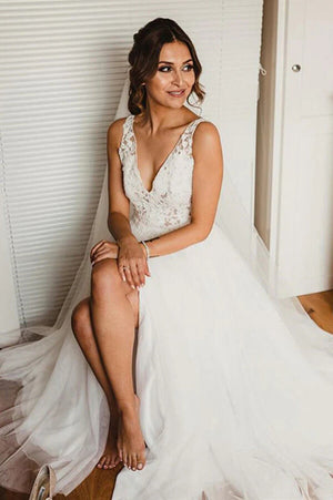 Ivory Tulle A Line V Neck Lace Wedding Dresses, Bridal Gowns With Slit, PW345 | a line wedding dress | lace wedding dress | bridal outfit | promnova.com