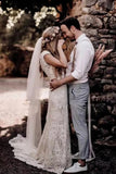 Ivory Vintage Rustic Boho Lace Sheath Cap Sleeves Wedding Dresses PW258 | cheap wedding dresses | bridal styles | sheath wedding dress | promnova.com
