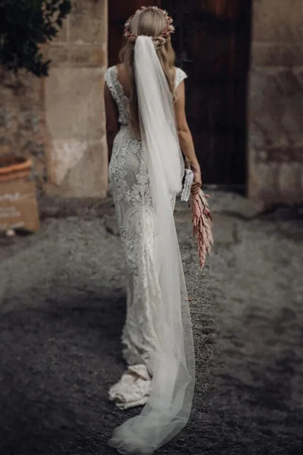 Ivory Vintage Rustic Boho Lace Sheath Cap Sleeves Wedding Dresses PW258 | cheap lace wedding gown | bridal gown | wedding dress stores | promnova.com