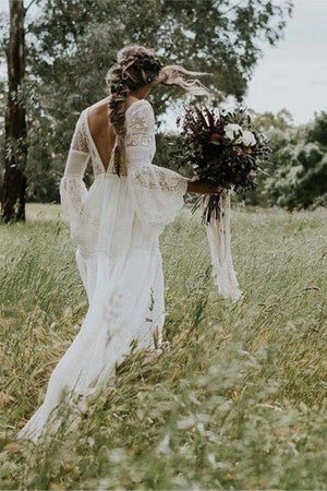 Lace A Line V Neck Long Sleeves Boho Wedding Dresses, Wedding Gown, PW298 | bridal gowns | cheap lace wedding dresses | wedding dresses near me | promnova.com