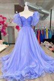 Lavender Organza A Line Princess Puff Sleeves Pleated Prom Dresses, PL557 | long formal dress | evening gown | party dresses | promnova.com