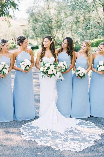 Light Blue Satin Sheath Halter Bridesmaid Dresses PB148 | Promnova.com Custom Size / As Picture Light Blue Satin Sheath Halter Bridesmaid Dresses PB148 | Promnova.com Custom Size / As Picture