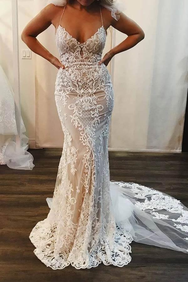 Mermaid V Neck Spaghetti Straps Lace Wedding Dresses With Sweep Train, PW320 | mermaid wedding dresses | cheap lace wedding dresses | bridal gown | promnova.com