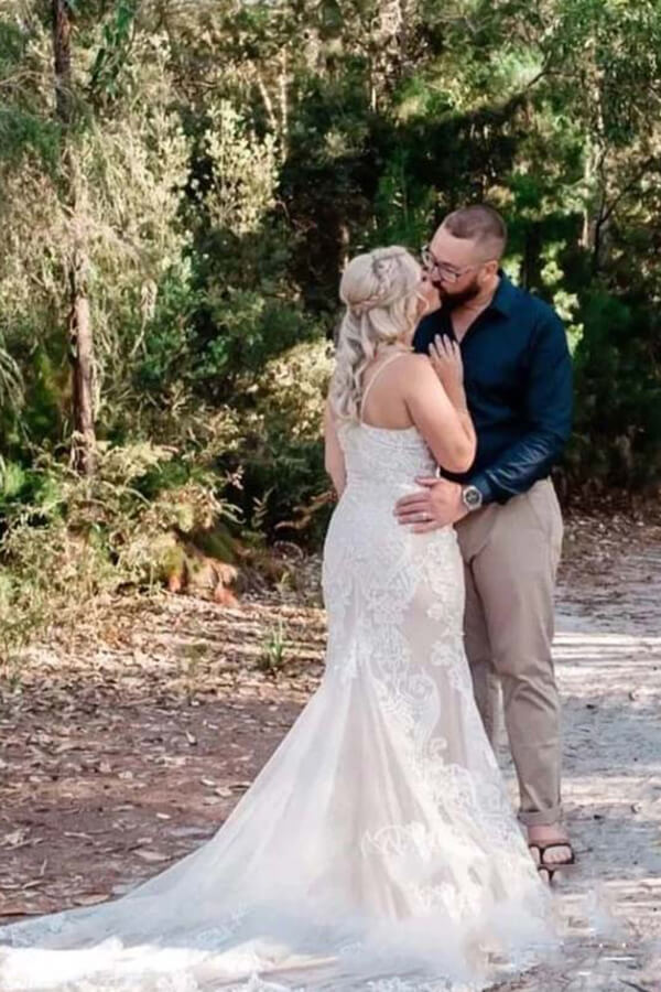 Mermaid V Neck Spaghetti Straps Lace Wedding Dresses With Sweep Train, PW320 | outdoor wedding dresses | beach wedding dresses | wedding gown | promnova.com