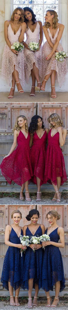 Pink Lace Bridesmaid Dress,A-Line Spaghetti Straps Bridesmaid Dress, PB101