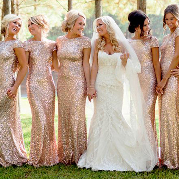 Popular Charming Short Sleeve Mermaid Sequin Long Bridesmaid Dresses US8 / As Picture
