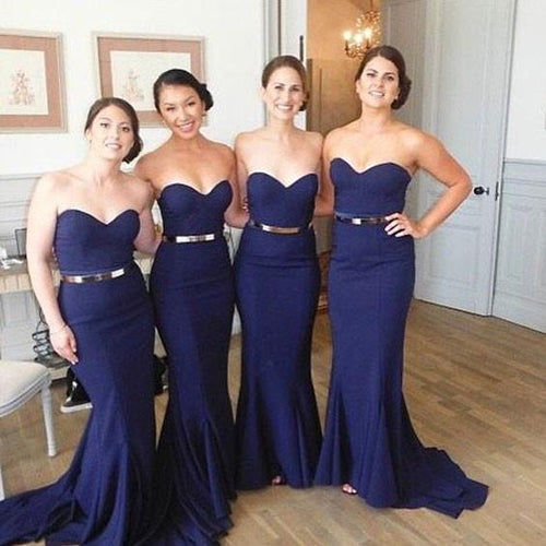 Cheap Navy Sweetheart Neck Mermaid Bridesmaid Dresses with Train – Promnova