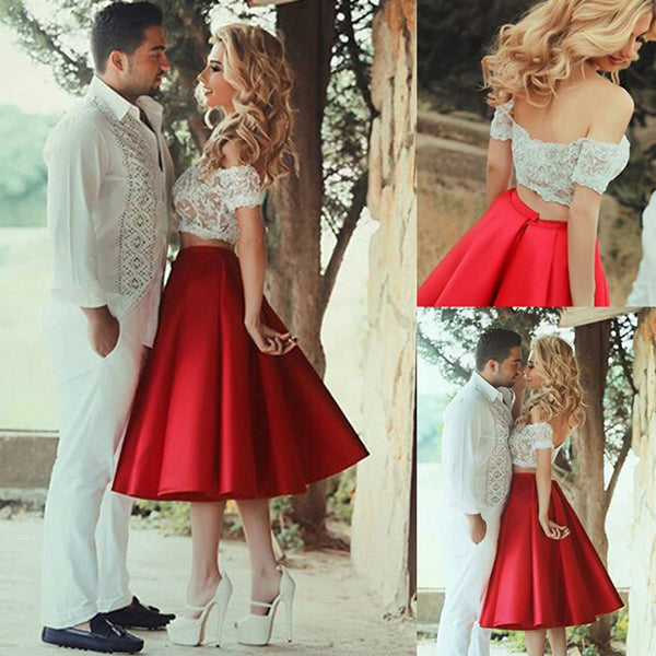Cute Red Satin Two Pieces Short Lace Prom Dresses Evening Dress,PH319 Cute Red Satin Two Pieces Short Lace Prom Dresses Evening Dress,PH319