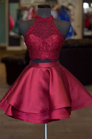 www.promnova.com|Two Piece Dark Blue A-line Satin Short Prom Dresses Homecoming Dress PH339