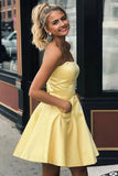 Simple Yellow Satin Short Prom Dress, Homecoming Dresses with Pockets PH356