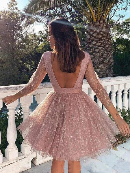 pink long sleeve homecoming dresses Sequin Prom Dress PH357 Iron Low Heat. Size:3.5
