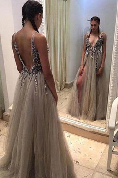 Deep V-Neck Backless Split Sweep Train Grey Prom Dress with Beading US14 / As Picture Deep V-Neck Backless Split Sweep Train Grey Prom Dress with Beading US14 / As Picture