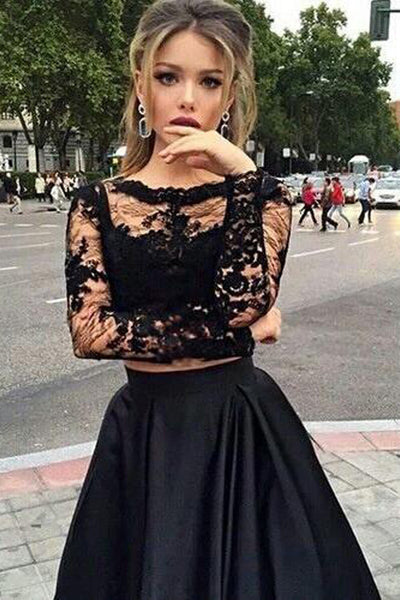 Two Piece Lace Long Sleeves Evening Dress, Cheap Black Prom