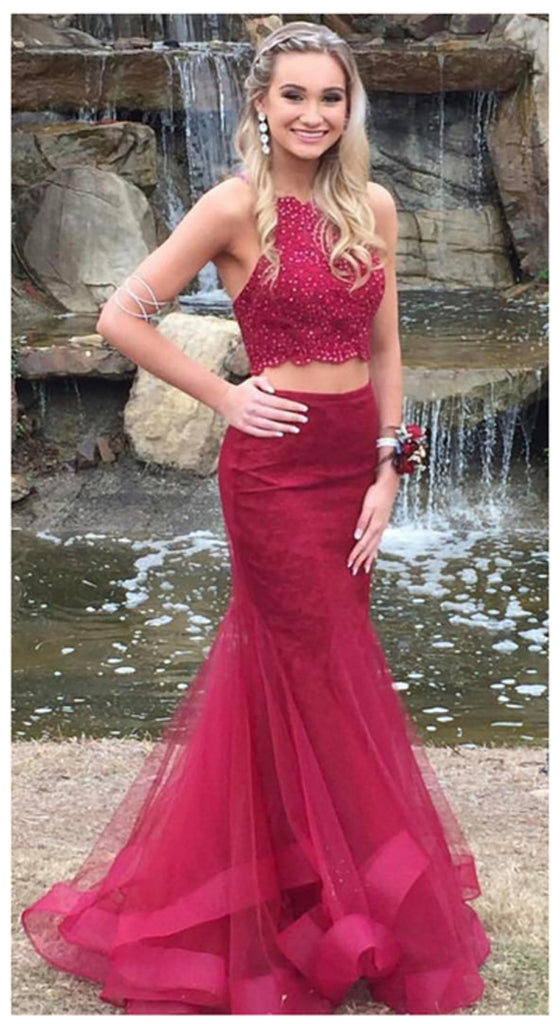 Burgundy Two Piece Lace Tulle Cross Back Mermaid Prom Dresses with Beading, PL145