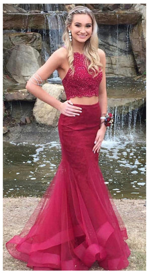 Burgundy Two Piece Lace Tulle Cross Back Mermaid Prom Dresses with Beading, PL145