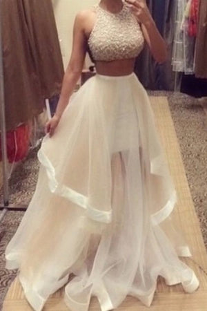 A-Line Halter Sequins Empire Cascading Ruffles Floor-Length Prom Dresses, PL156