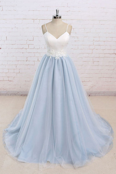 Tulle Baby Blue Long Flower Prom Dress With White Top,Evening Dress – Promnova