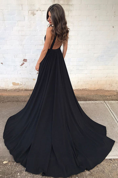 Black Chiffon V-Neck A-Line Court Train Sleeveless Backless Prom Dress –  Promnova