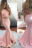 Pink Satin Two Piece Sleeveless Long Prom Dress,Sexy Mermaid Party Dress, PL177