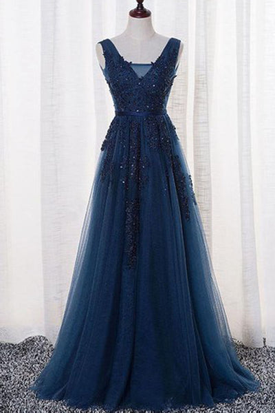 2022 prom dresses a-line blue tulle applique halter long sleeveless Blue Halter Beadings Long Prom Dress Tulle Evening Party Gowns
