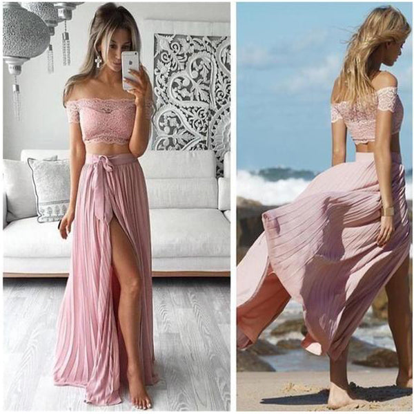 Two Piece Lace Sexy Off Shoulder Long Prom Dress Evening Dress with Side Slit  PL198