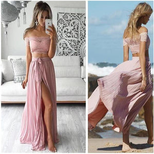 Two Piece Lace Sexy Off Shoulder Long Prom Dress Evening Dress with Side Slit  PL198
