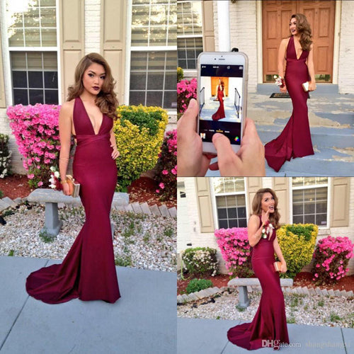 Burgundy Mermaid Plunging V-Neck Prom Dress with Sweep Train US6 / Custom Color
