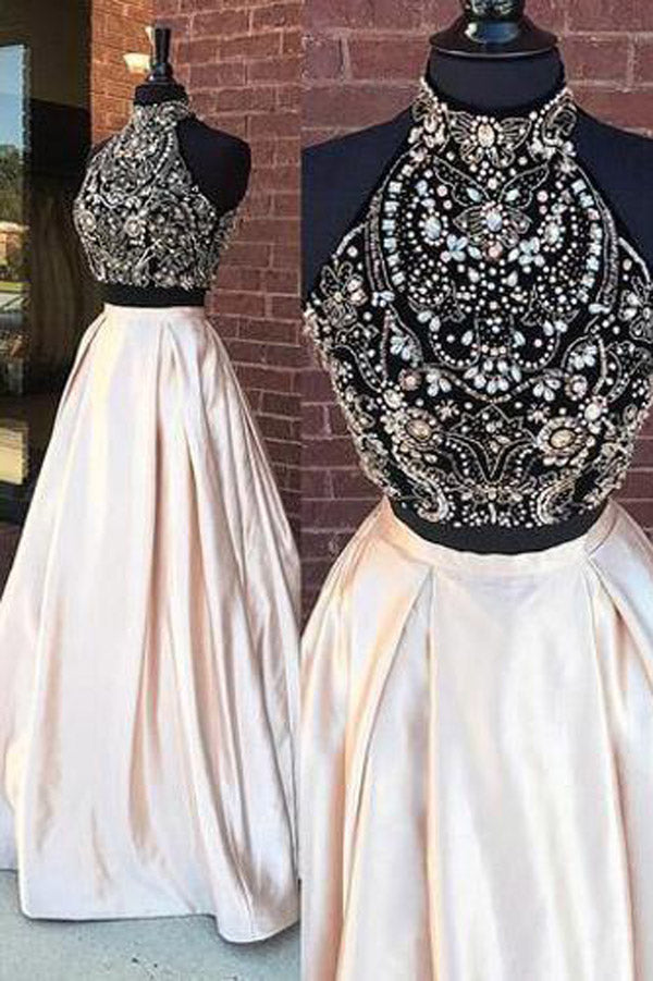 Fabulous High Neck Beaded Two Pieces Cheap Long Prom Dresses PL211