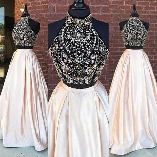 Fabulous High Neck Beaded Two Pieces Cheap Long Prom Dresses – Promnova