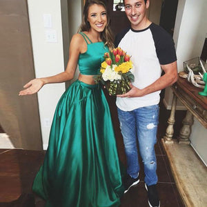 Satin Green Two Piece Turquoise Long Prom Dress Prom Gown at promnova.com
