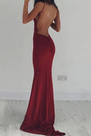 Burgundy Satin Mermaid Deep V-Neck Backless Long Prom Dress at promnova.com