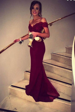 Burgundy Floor Length Off Shoulder Mermaid Prom Dress With Sweep Train PL239