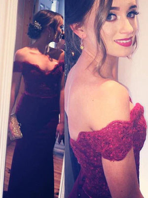 Burgundy Floor Length Off Shoulder Mermaid Prom Dress With Sweep Train at promnova.com