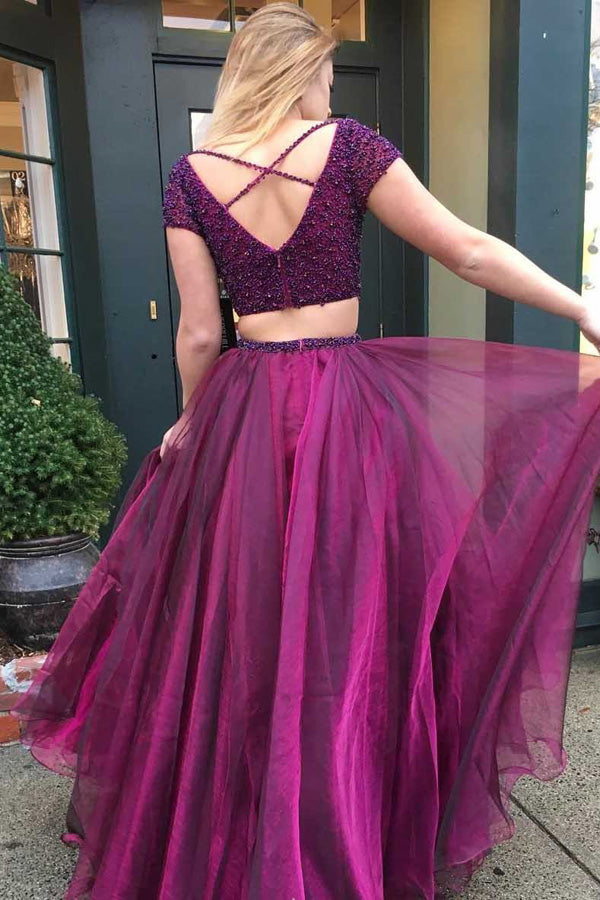 Beaded Two-Piece Tulle Short Sleeve Deep V Neckline Long Prom Dress at promnova.com