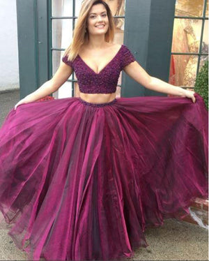 Beaded Two-Piece Tulle Short Sleeve Deep V Neckline Long Prom Dress PL241