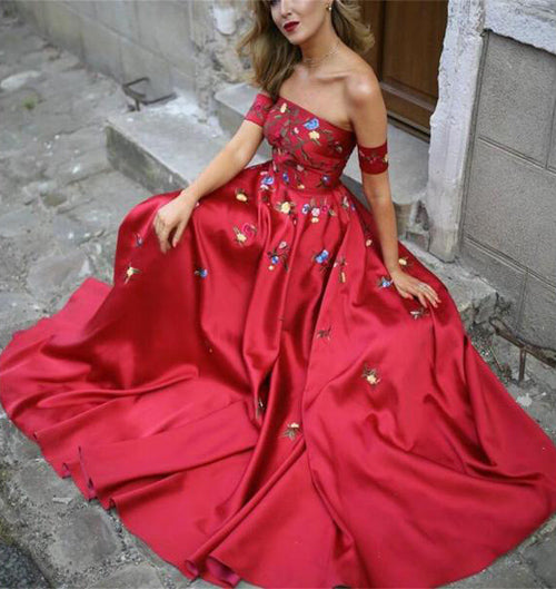 Red Off Shoulder A-Line Prom Dresses with Flower Appliques US12 / Custom Color Red Off Shoulder A-Line Prom Dresses with Flower Appliques US12 / Custom Color