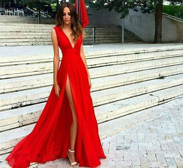 Red Split Prom Dresses V Neck Chiffon Evening Dresses Sexy Party Gowns US0 / As Picture Red Split Prom Dresses V Neck Chiffon Evening Dresses Sexy Party Gowns US0 / As Picture