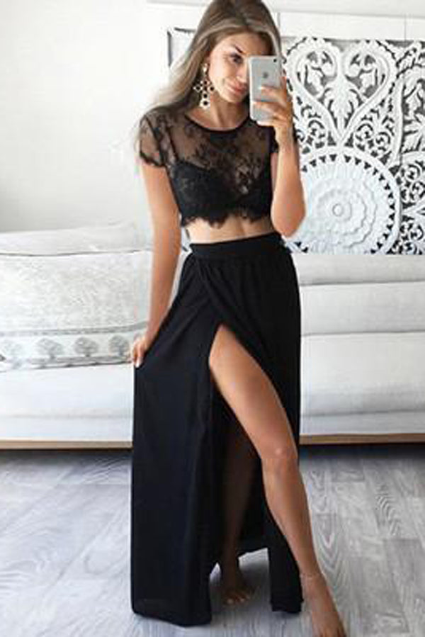 Black Lace Two Pieces Short Sleeve Side Slit Long Prom Dresses PL250