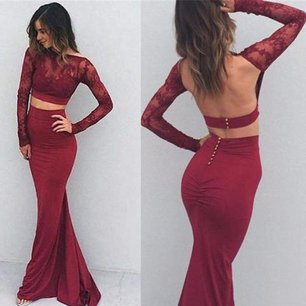 Two Pieces Backless Mermaid Burgundy Long Sleeves Lace Prom Dresses –  Promnova