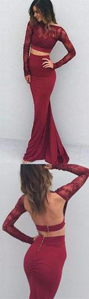 Two Pieces Backless Mermaid Burgundy Long Sleeves Lace Prom Dresses at promnova.com